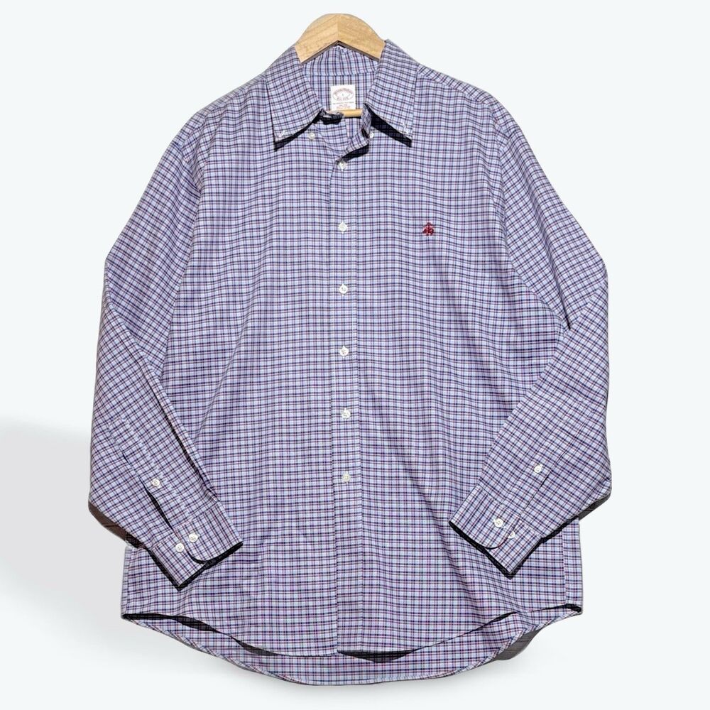 Brooks Brothers Button Down Shirt Blue Red Plaid 100% Cotton Non Iron Men's L